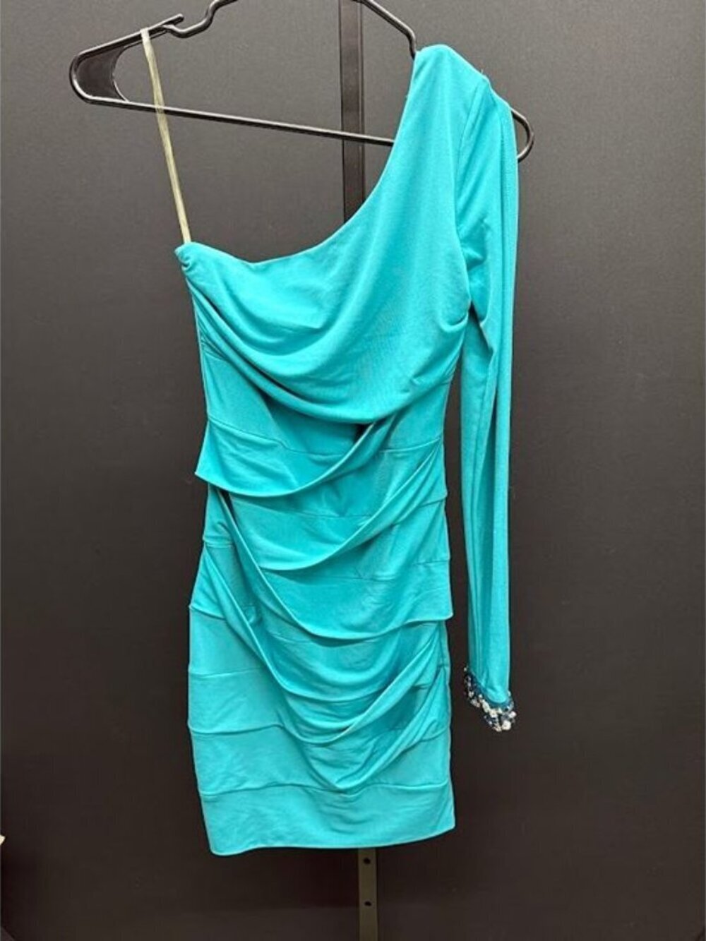 Emerald Sundae Teal Ruched One Shoulder Embellished Mini Dress